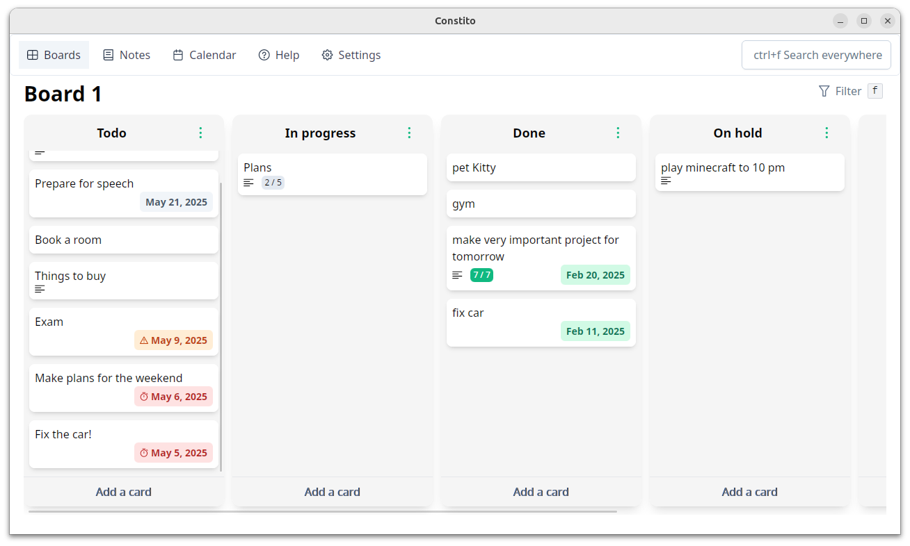 kanban board with cards